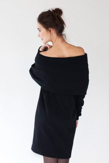 Sexy sweater dress in black wool BIG NECK